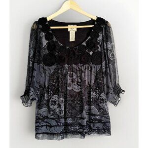 ICE Women Sheer Black Gray Whimsigoth Top Small 3/4 Sleeve Fairy Embroidered